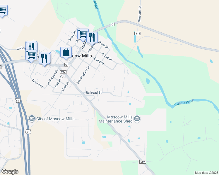 map of restaurants, bars, coffee shops, grocery stores, and more near 9 Railroad Street in Moscow Mills