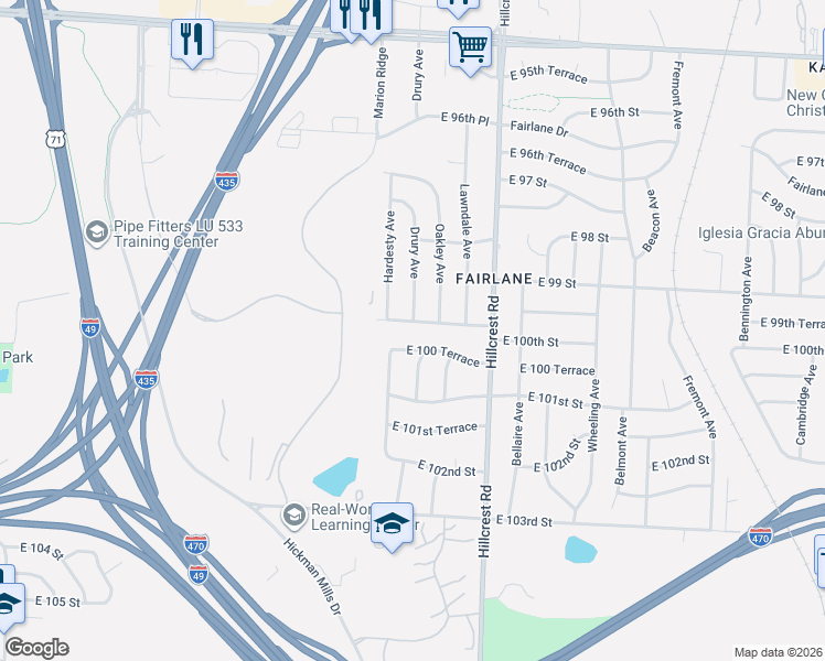 map of restaurants, bars, coffee shops, grocery stores, and more near 5408 East 100th Street in Kansas City
