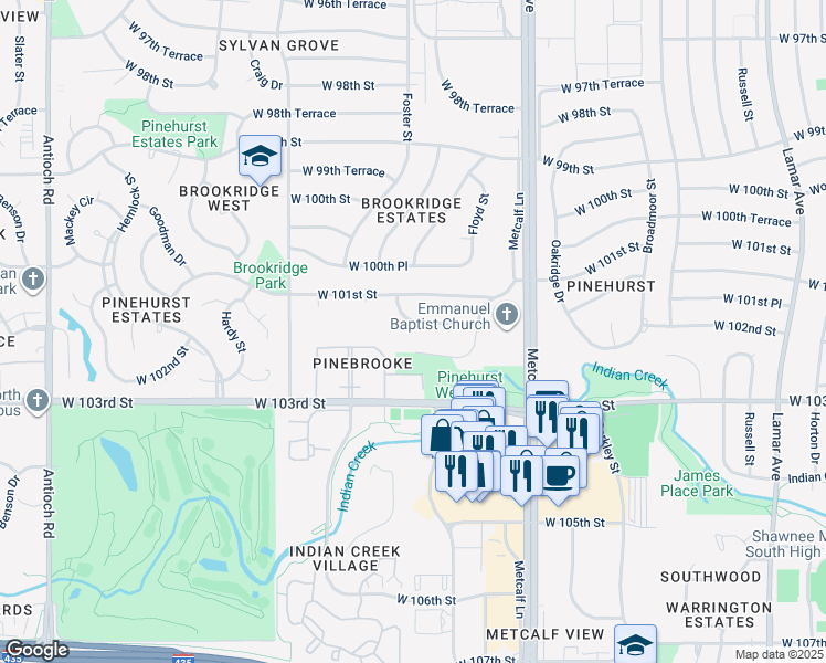 map of restaurants, bars, coffee shops, grocery stores, and more near 7503 West 101st Terrace in Overland Park