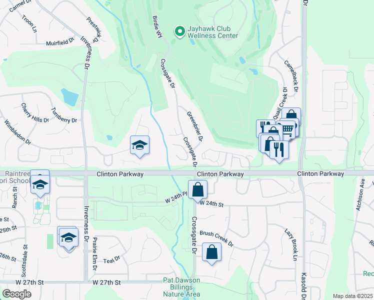 map of restaurants, bars, coffee shops, grocery stores, and more near 2202 Crossgate Drive in Lawrence