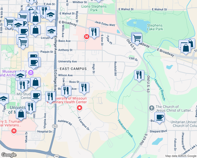 map of restaurants, bars, coffee shops, grocery stores, and more near 608 Morningside Drive in Columbia