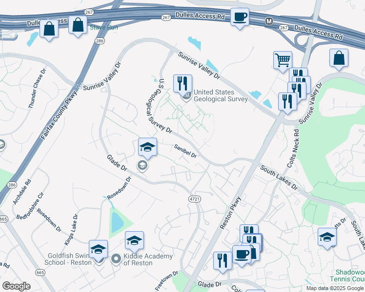 map of restaurants, bars, coffee shops, grocery stores, and more near 2214 Sanibel Drive in Reston