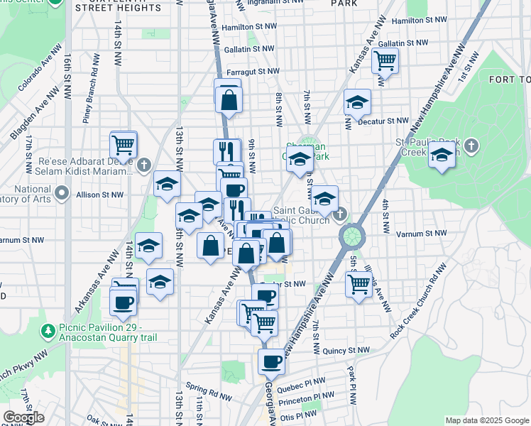 map of restaurants, bars, coffee shops, grocery stores, and more near 4400 Kansas Avenue Northwest in Washington