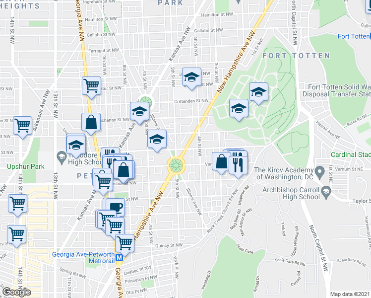 map of restaurants, bars, coffee shops, grocery stores, and more near New Hampshire Avenue Northwest & Webster Street Northwest in Washington