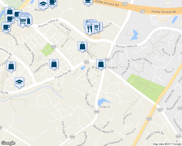 map of restaurants, bars, coffee shops, grocery stores, and more near 13134 Rose Petal Circle in Herndon