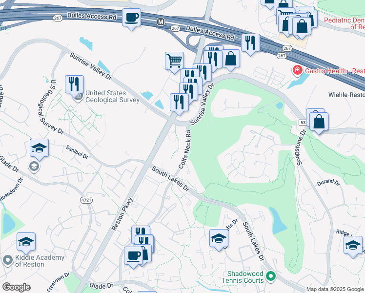 map of restaurants, bars, coffee shops, grocery stores, and more near 2016 Colts Neck Road in Reston