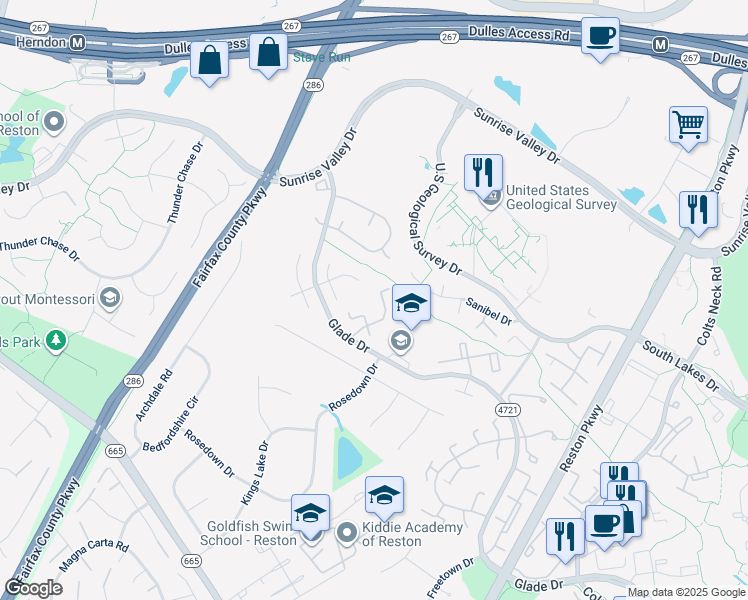 map of restaurants, bars, coffee shops, grocery stores, and more near 2206 White Cornus Lane in Reston