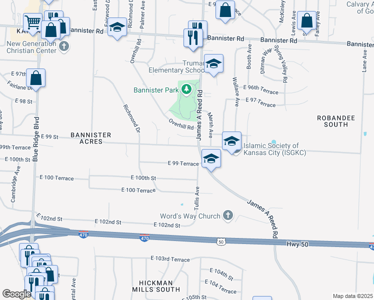 map of restaurants, bars, coffee shops, grocery stores, and more near 8105 East 99 Street in Kansas City