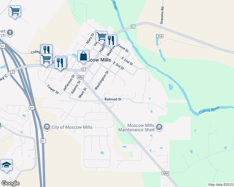 map of restaurants, bars, coffee shops, grocery stores, and more near 333 Railroad Street in Moscow Mills