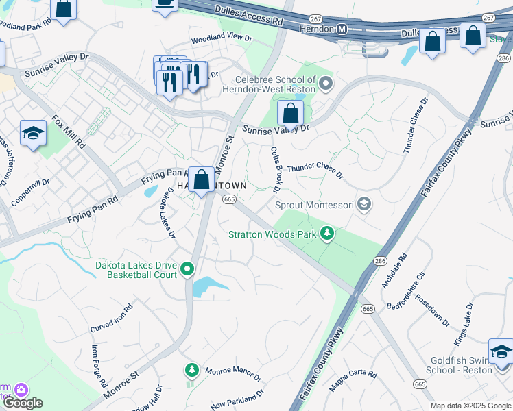 map of restaurants, bars, coffee shops, grocery stores, and more near 2330 Colts Brook Drive in Reston
