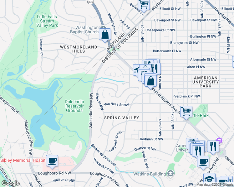 map of restaurants, bars, coffee shops, grocery stores, and more near 3649 Warren Place Northwest in Washington