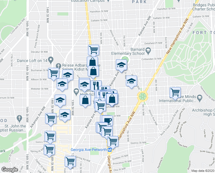 map of restaurants, bars, coffee shops, grocery stores, and more near 4400 Kansas Avenue Northwest in Washington
