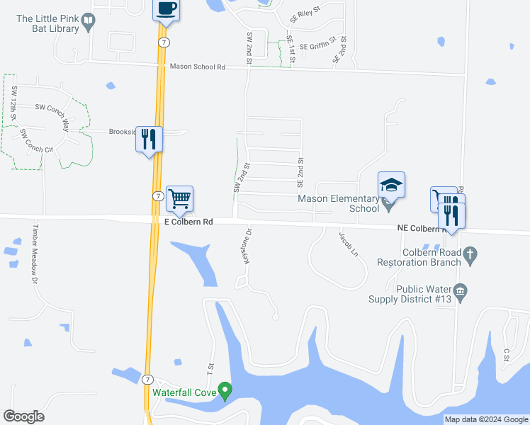 map of restaurants, bars, coffee shops, grocery stores, and more near 122 Southwest Little Garden Lane in Blue Springs