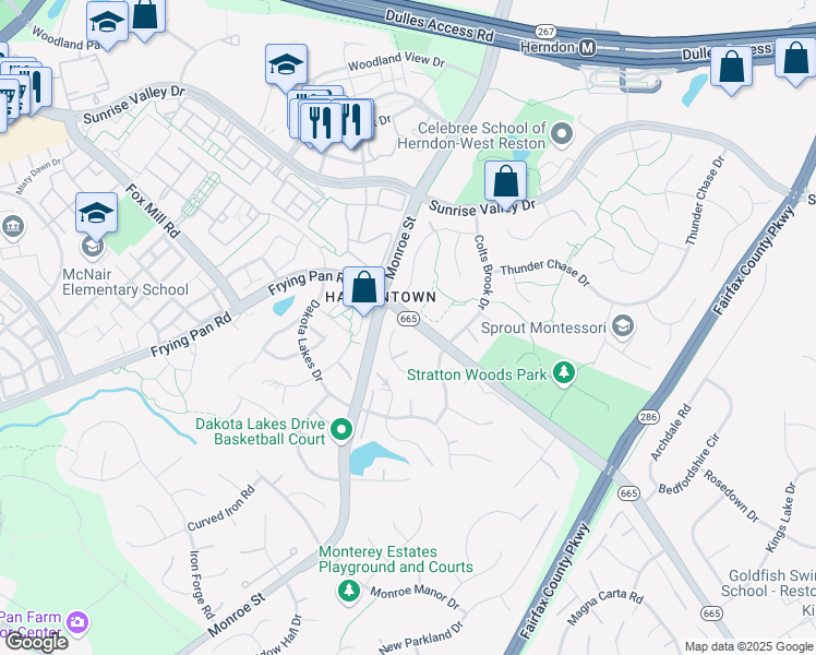 map of restaurants, bars, coffee shops, grocery stores, and more near 12880 Williams Meadow Court in Herndon