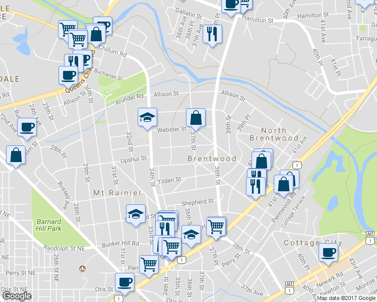 map of restaurants, bars, coffee shops, grocery stores, and more near 3605 Varnum Street in Brentwood
