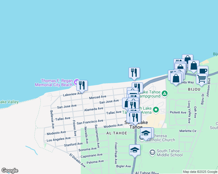 map of restaurants, bars, coffee shops, grocery stores, and more near 3192 Pasadena Avenue in South Lake Tahoe