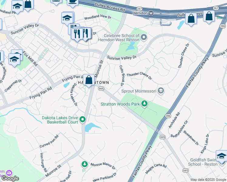 map of restaurants, bars, coffee shops, grocery stores, and more near 2330 Colts Brook Drive in Reston
