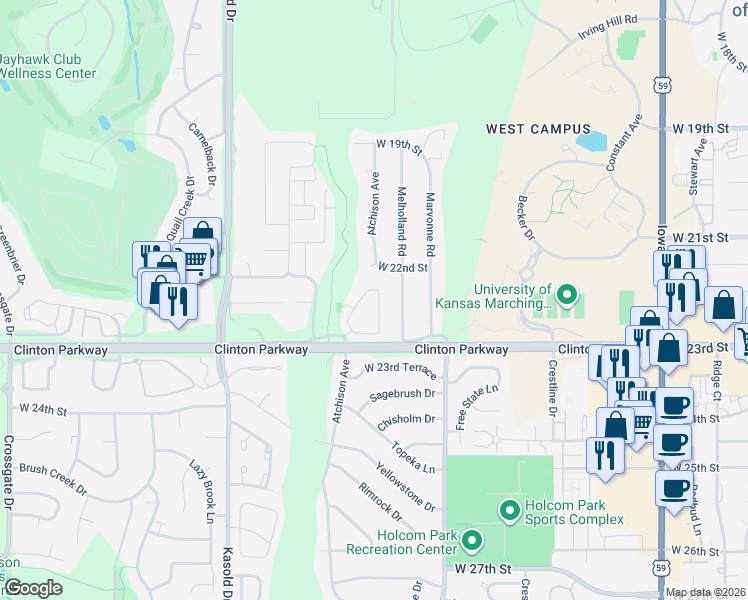 map of restaurants, bars, coffee shops, grocery stores, and more near 2202 Breckenridge Drive in Lawrence