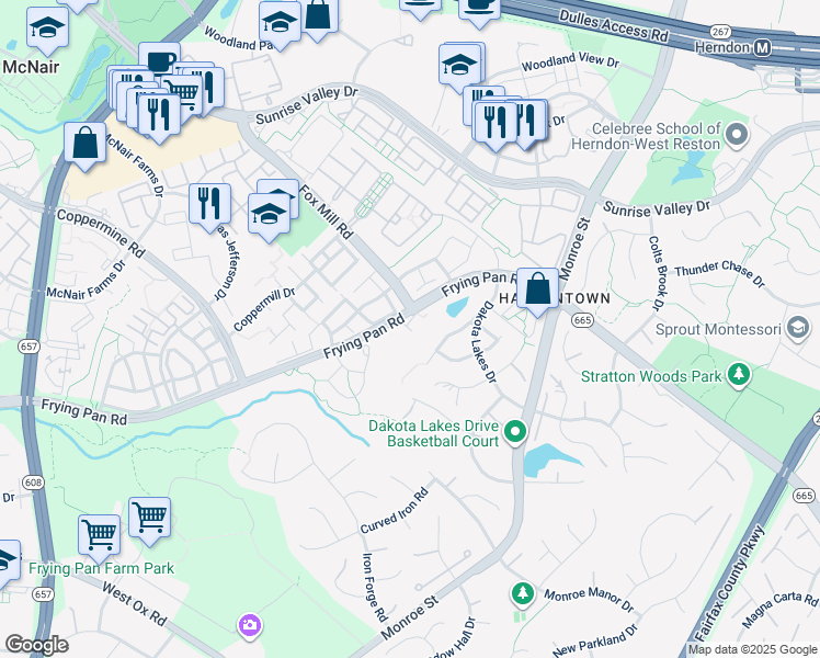 map of restaurants, bars, coffee shops, grocery stores, and more near 2474 Silk Court in Herndon