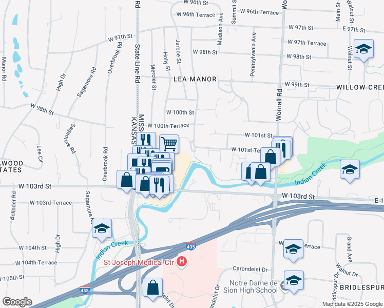 map of restaurants, bars, coffee shops, grocery stores, and more near 1001 West 101st Terrace in Kansas City