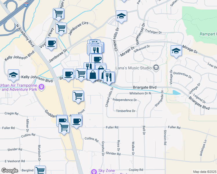 map of restaurants, bars, coffee shops, grocery stores, and more near 1837 Briargate Boulevard in Colorado Springs