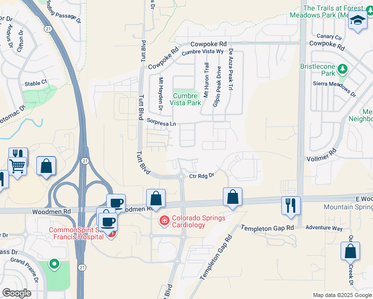 map of restaurants, bars, coffee shops, grocery stores, and more near 7660 Crestone Peak Trail in Colorado Springs