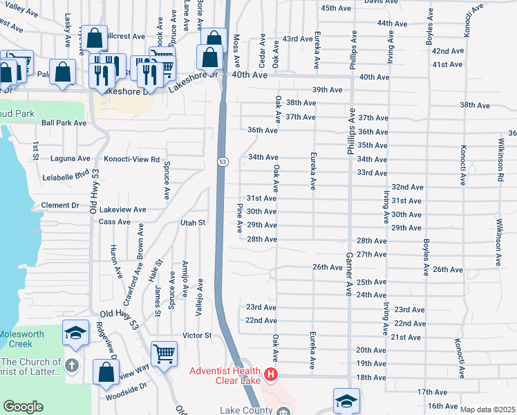map of restaurants, bars, coffee shops, grocery stores, and more near 15643 31st Avenue in Clearlake