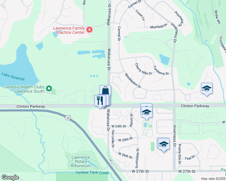 map of restaurants, bars, coffee shops, grocery stores, and more near 2210 Wakarusa Drive in Lawrence