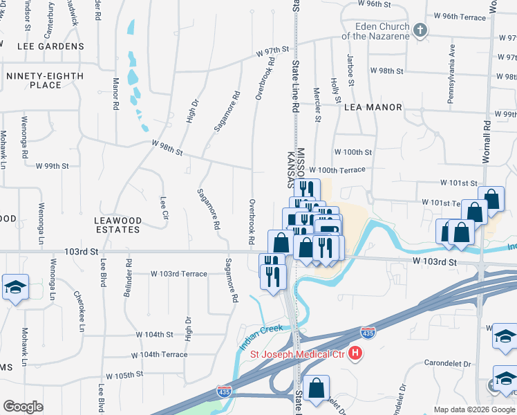 map of restaurants, bars, coffee shops, grocery stores, and more near 9818 Overbrook Road in Leawood