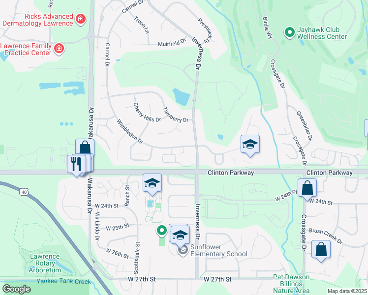 map of restaurants, bars, coffee shops, grocery stores, and more near 4411 Wimbledon Drive in Lawrence