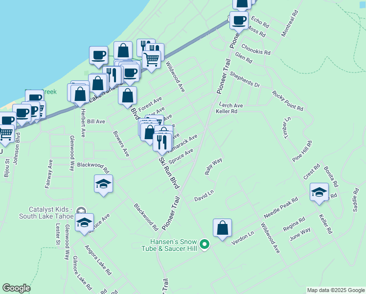 map of restaurants, bars, coffee shops, grocery stores, and more near 1170 Sonora Avenue in South Lake Tahoe