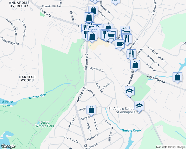 map of restaurants, bars, coffee shops, grocery stores, and more near 286 Cedar Lane in Annapolis