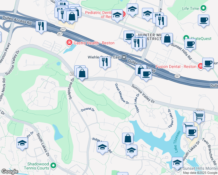 map of restaurants, bars, coffee shops, grocery stores, and more near 2037 Wethersfield Court in Reston