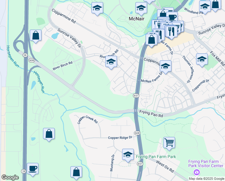 map of restaurants, bars, coffee shops, grocery stores, and more near 13632 Flying Squirrel Drive in Herndon