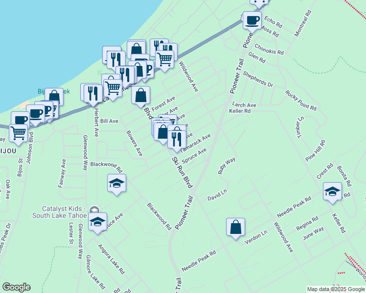 map of restaurants, bars, coffee shops, grocery stores, and more near 3681 Tamarack Avenue in South Lake Tahoe