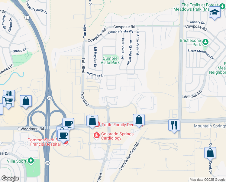 map of restaurants, bars, coffee shops, grocery stores, and more near 7648 Crestone Peak Trail in Colorado Springs