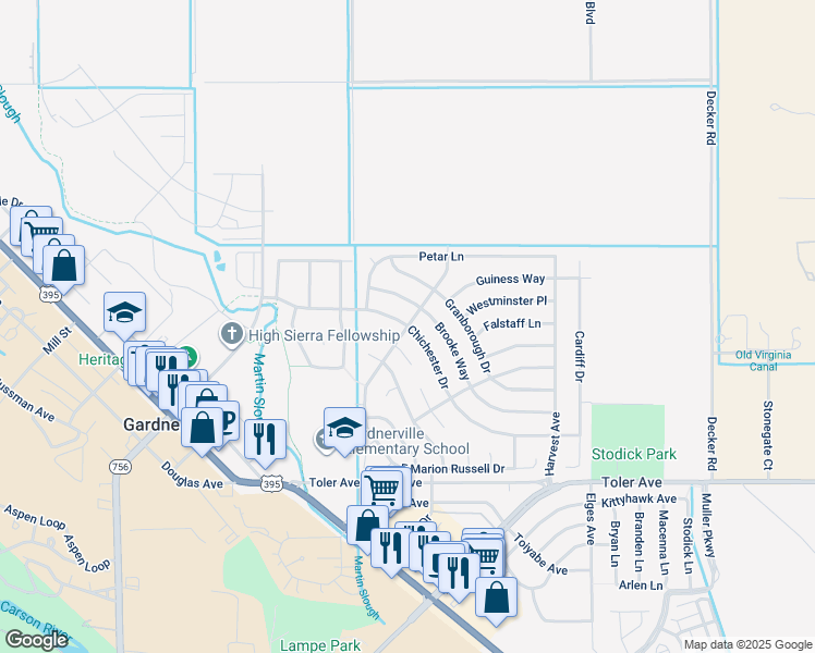 map of restaurants, bars, coffee shops, grocery stores, and more near 1320 North Marion Russell Drive in Gardnerville