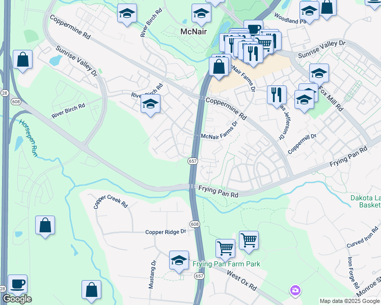 map of restaurants, bars, coffee shops, grocery stores, and more near 2559 Peter Jefferson Lane in Herndon