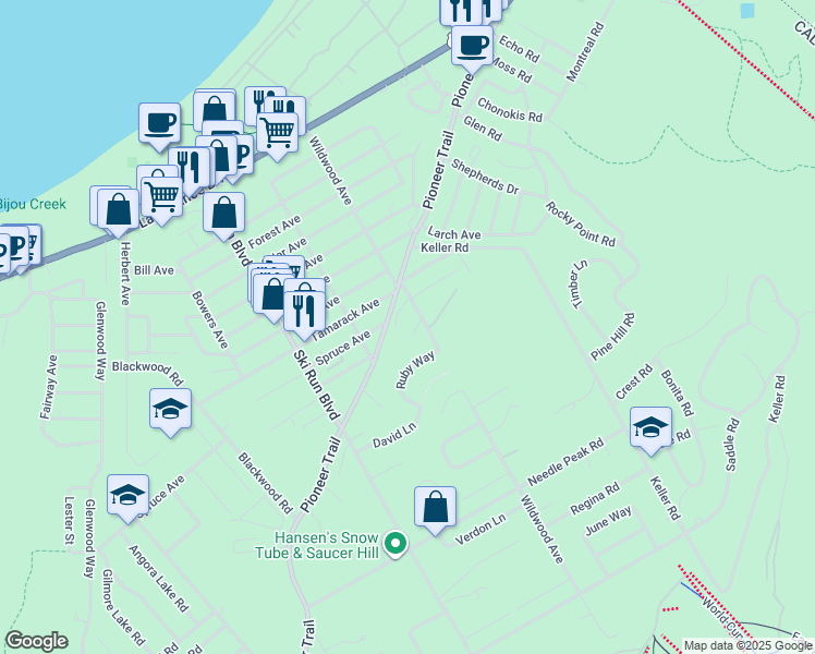 map of restaurants, bars, coffee shops, grocery stores, and more near 34 Wildwood Avenue in South Lake Tahoe