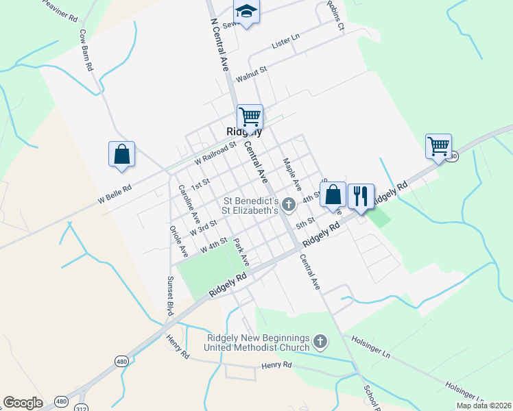 map of restaurants, bars, coffee shops, grocery stores, and more near 5b 3rd Street in Ridgely