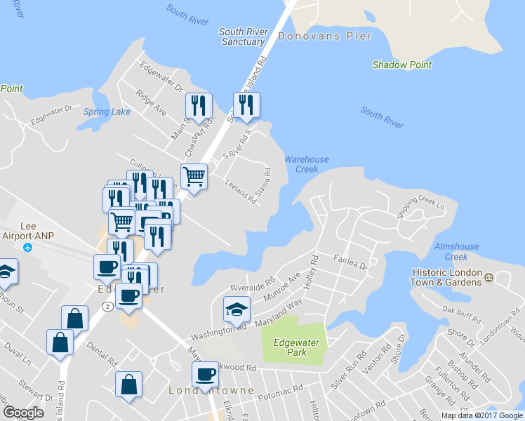 map of restaurants, bars, coffee shops, grocery stores, and more near 50 Leeland Road in Edgewater
