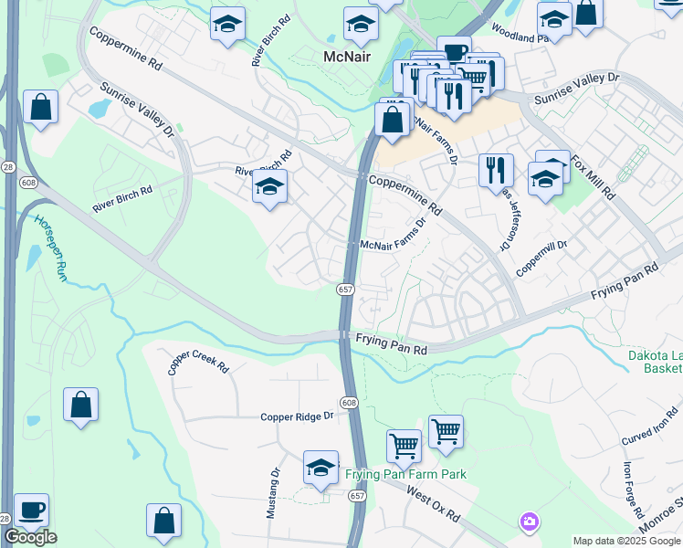map of restaurants, bars, coffee shops, grocery stores, and more near 2559 Peter Jefferson Lane in Herndon