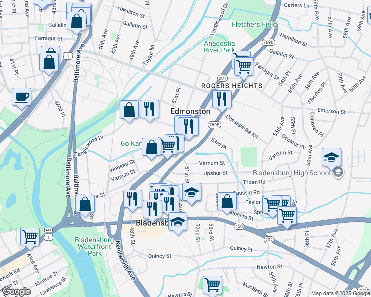 map of restaurants, bars, coffee shops, grocery stores, and more near 4511 Kenilworth Avenue in Bladensburg