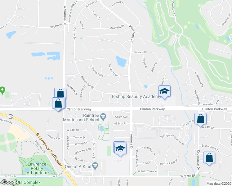 map of restaurants, bars, coffee shops, grocery stores, and more near 4458 Wimbledon Drive in Lawrence
