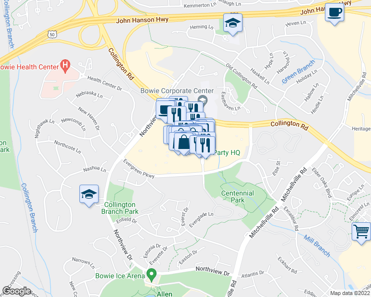 map of restaurants, bars, coffee shops, grocery stores, and more near 15455 Emerald Way in Bowie