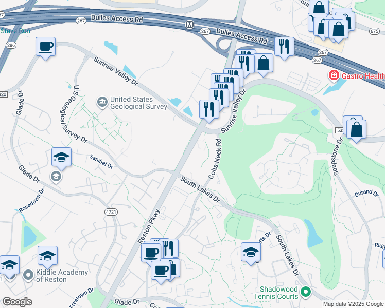 map of restaurants, bars, coffee shops, grocery stores, and more near 2066 Royal Fern Court in Reston