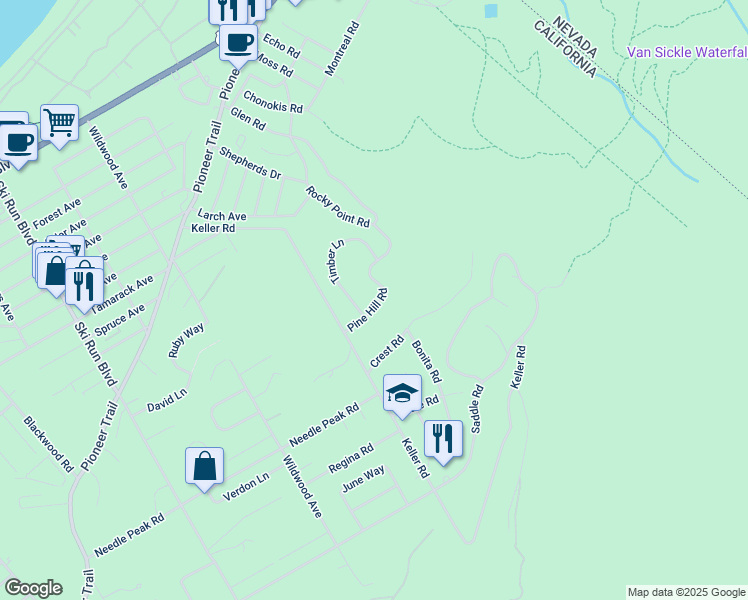 map of restaurants, bars, coffee shops, grocery stores, and more near 3317 Pine Hill Road in South Lake Tahoe