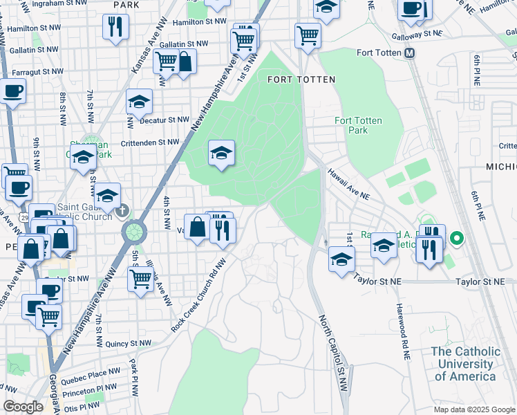 map of restaurants, bars, coffee shops, grocery stores, and more near Rock Creek Church Rd NW & Webster St NW in Washington