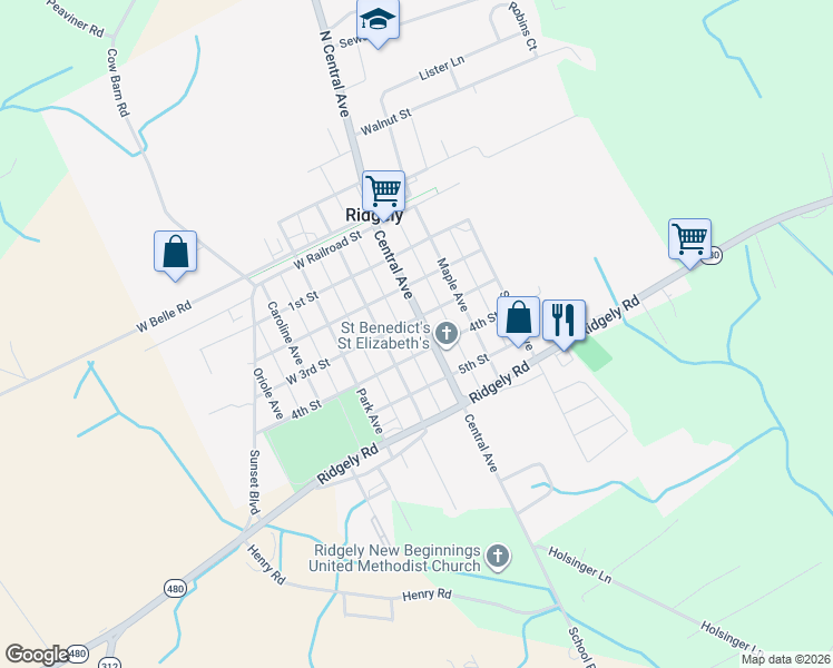 map of restaurants, bars, coffee shops, grocery stores, and more near 308 Central Avenue in Ridgely