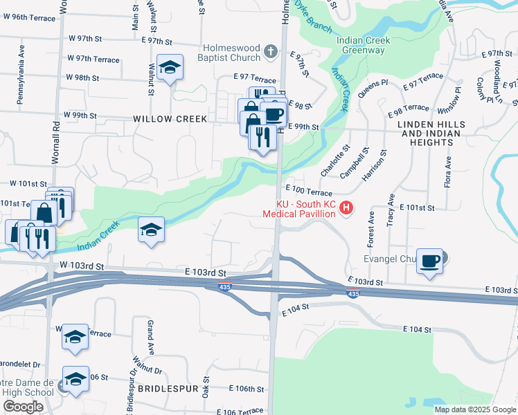 map of restaurants, bars, coffee shops, grocery stores, and more near 602 East 101st Street in Kansas City